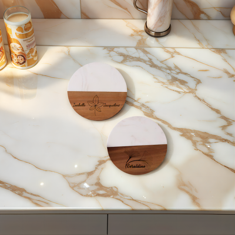 Sous-verre Personnalisable en Marbre et Bois Cadeau pour Crémaillère ou Mariage