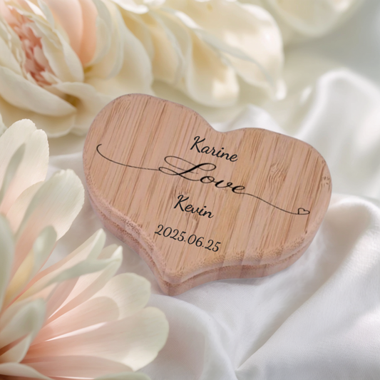 Boîte à Doubles Bagues en Bois Personnalisé avec Nom et Text Cadeau pour Mariage