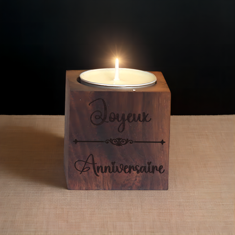 Porte-bougie Bougeoir Cube en Noyer Hêtre Personnalisé avec Nom