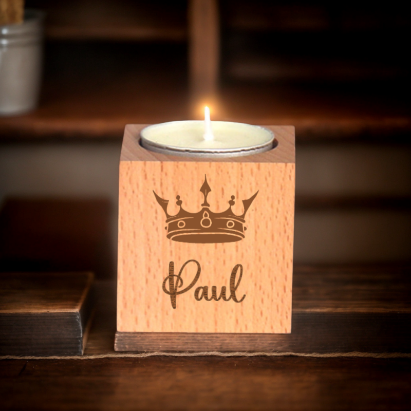 Porte-bougie Bougeoir Cube en Noyer Hêtre Personnalisé avec Nom