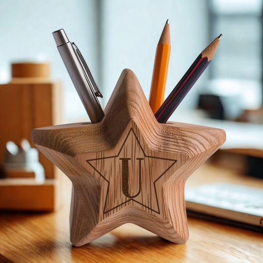 Pot à Crayons en Bois en Forme d’Étoile – Porte - stylos Personnalisable avec Initial