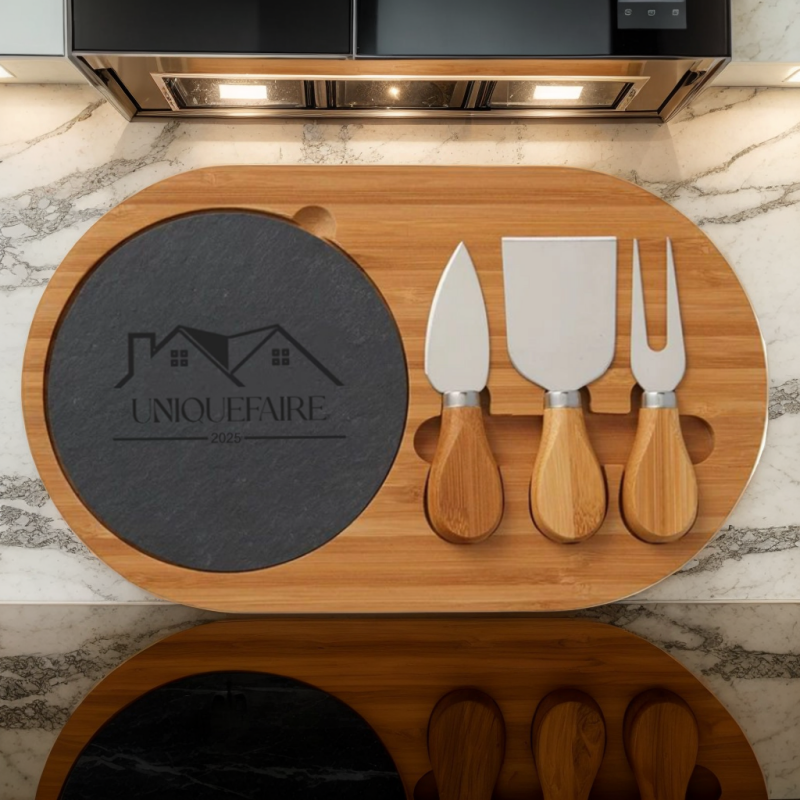 Planche à Fromage en Bambou avec Plateau en Ardoise et Couteaux à Fromage