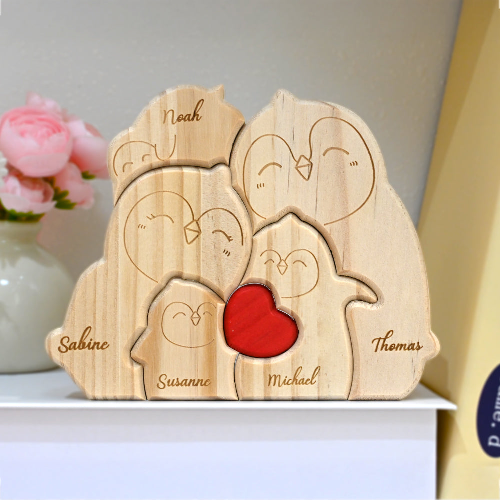 Puzzle Familial Pingouin en Bois Personnalisable de 2 à 5 Noms Cadeau pour Famille