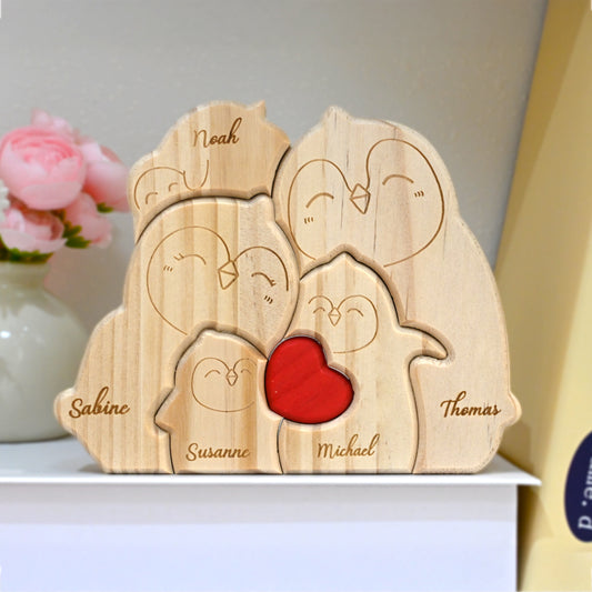 Puzzle Familial Pingouin en Bois Personnalisable de 2 à 5 Noms Cadeau pour Famille