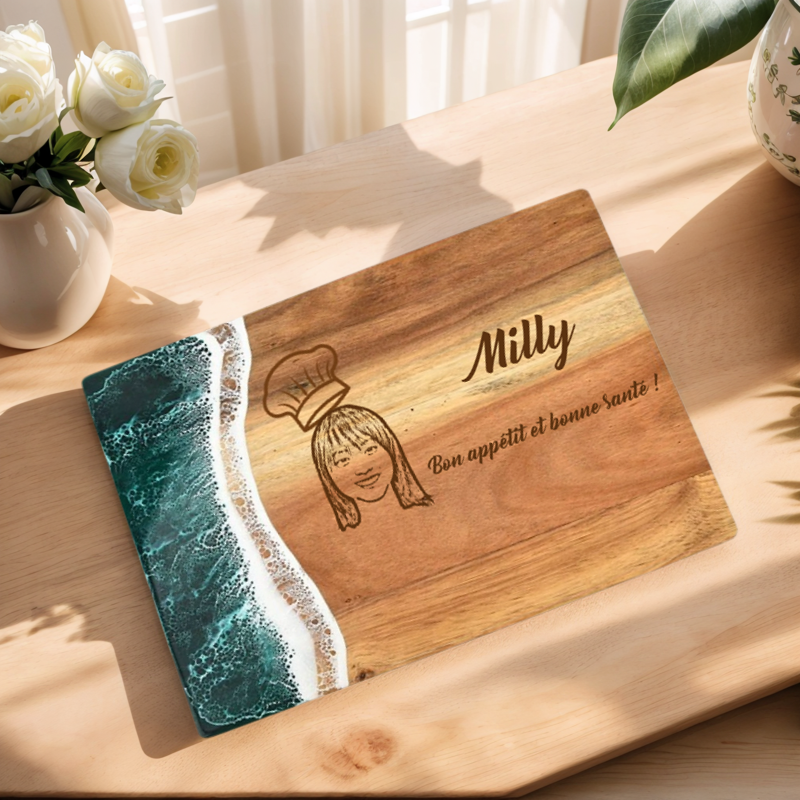 Planche à Découper en Résine et Bois avec Design de Vague de Mer