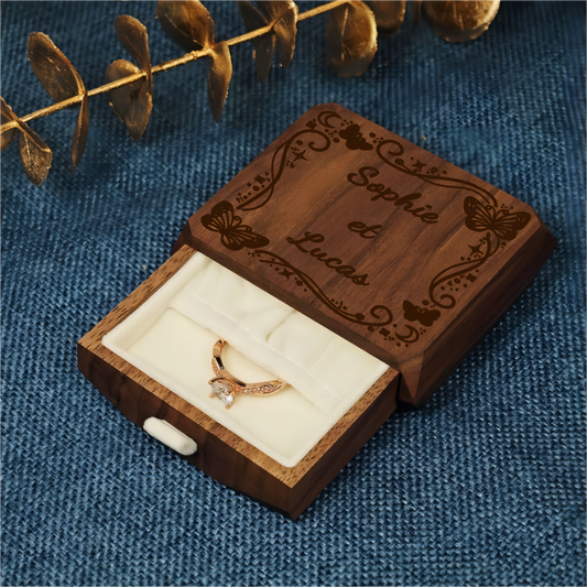 Boîte de Rangement pour Bagues en Noyer avec Tiroir Personnalisable avec Nom