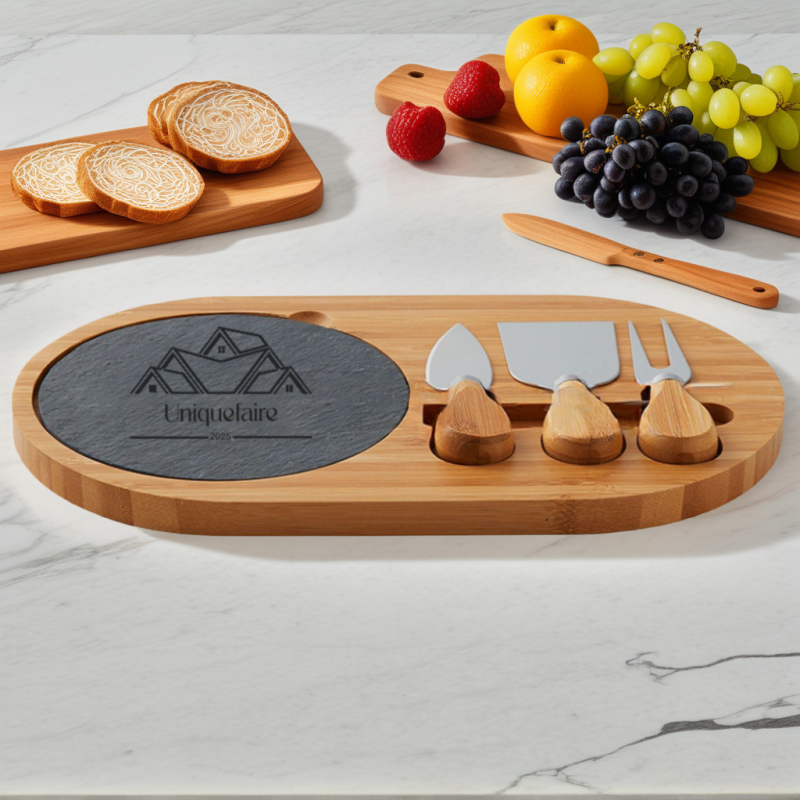 Planche à Fromage en Bambou avec Plateau en Ardoise et Couteaux à Fromage
