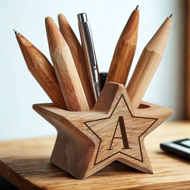 Pot à Crayons en Bois en Forme d’Étoile – Porte - stylos Personnalisable avec Initial