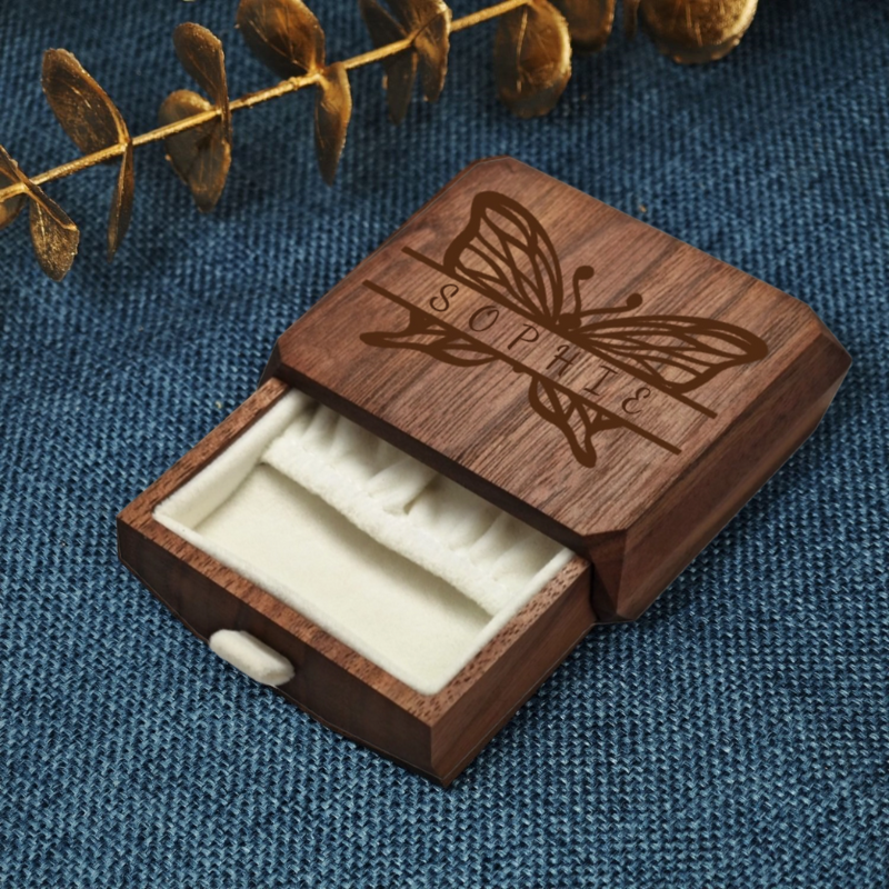Boîte de Rangement pour Bagues en Noyer avec Tiroir Personnalisable avec Nom