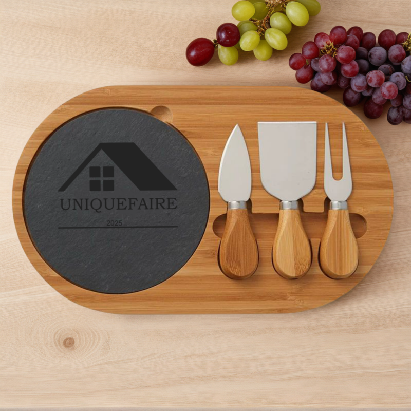 Planche à Fromage en Bambou avec Plateau en Ardoise et Couteaux à Fromage