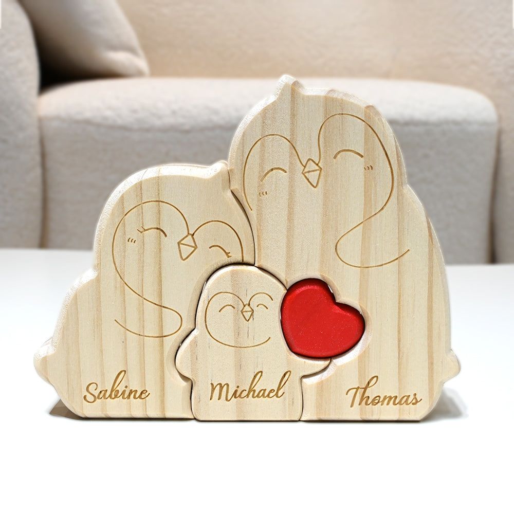 Puzzle Familial Pingouin en Bois Personnalisable de 2 à 5 Noms Cadeau pour Famille