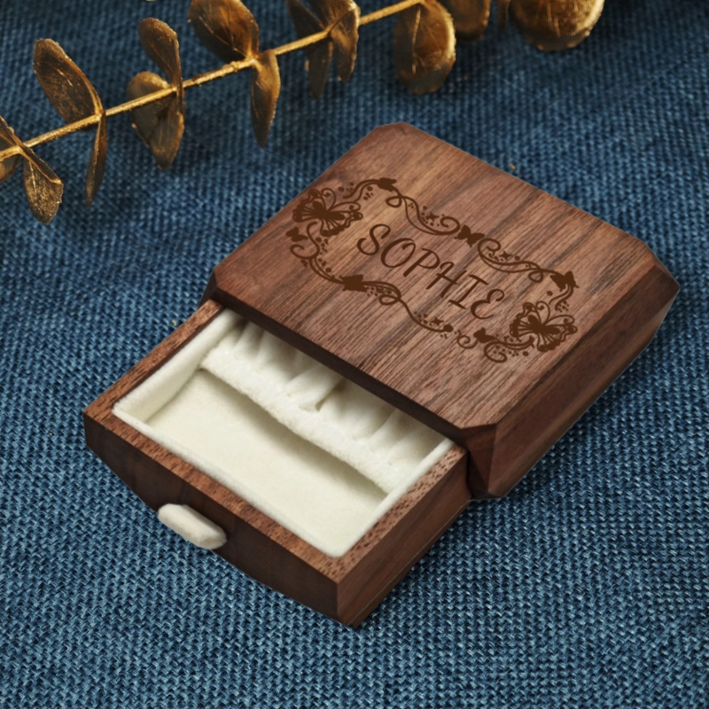 Boîte de Rangement pour Bagues en Noyer avec Tiroir Personnalisable avec Nom