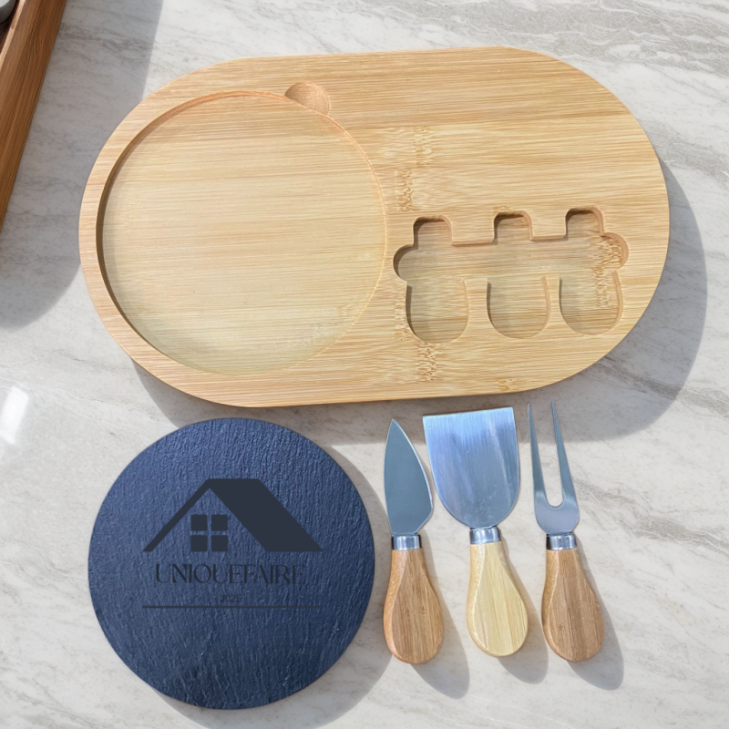 Planche à Fromage en Bambou avec Plateau en Ardoise et Couteaux à Fromage