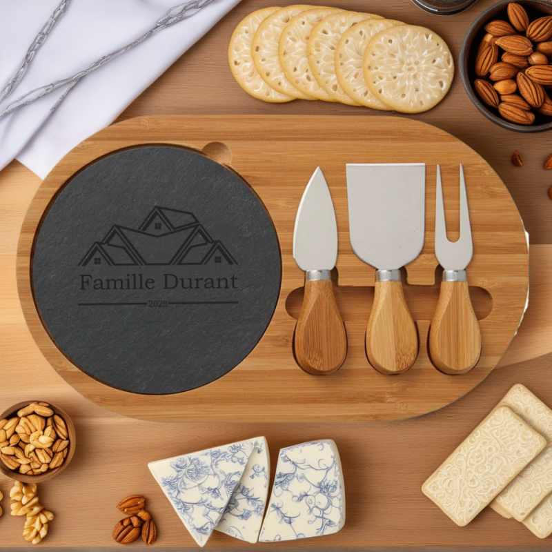 Planche à Fromage en Bambou avec Plateau en Ardoise et Couteaux à Fromage