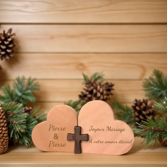 Ornement en Bois de Table Double Cœur Sculpté Cadeau Personnalisé pour Saint-Valentin et Mariages
