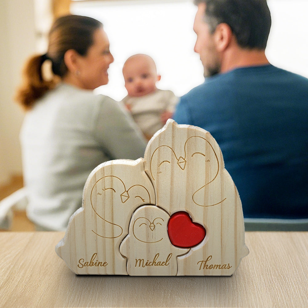 Puzzle Familial Pingouin en Bois Personnalisable de 2 à 5 Noms Cadeau pour Famille