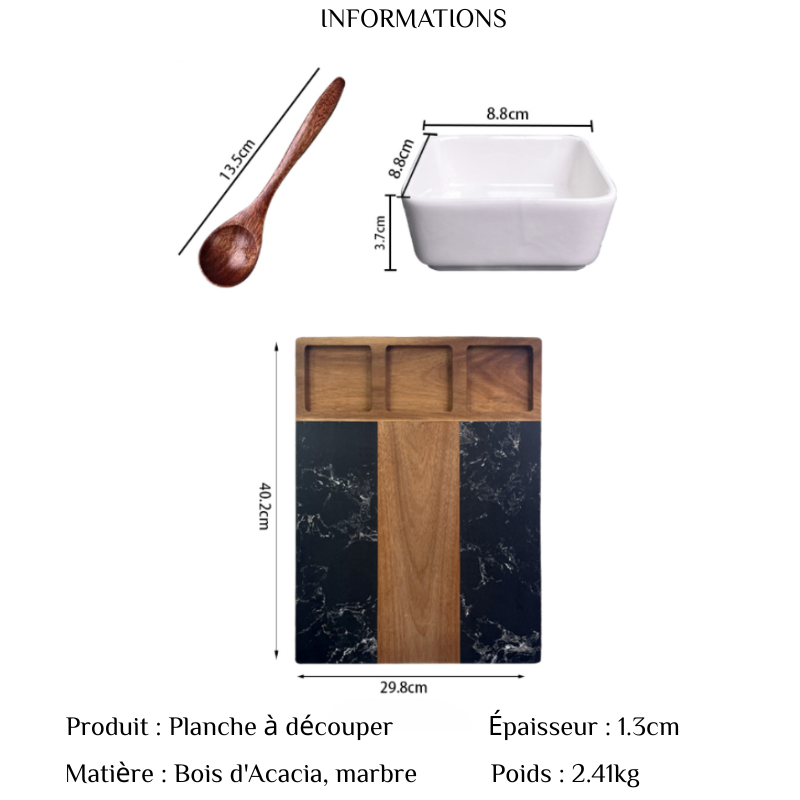 Planche à Découper en Marbre et Bois avec Ensemble de Couteaux à Fromage
