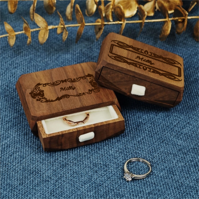 Boîte de Rangement pour Bagues en Noyer avec Tiroir Personnalisable avec Nom