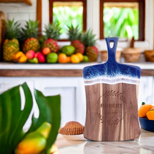 Planche à Découper en Bois d'Acacia avec Résine Design Unique et Personnalisable