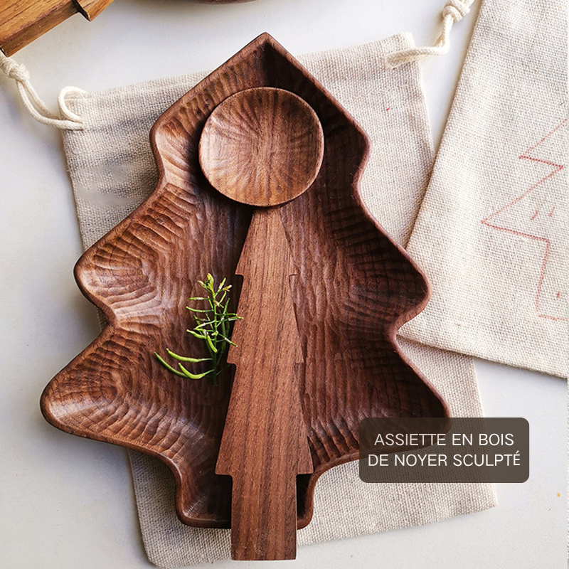 Assiette en Noyer en Forme d'Arbre Pomme de Pin Châtaigne Champignon