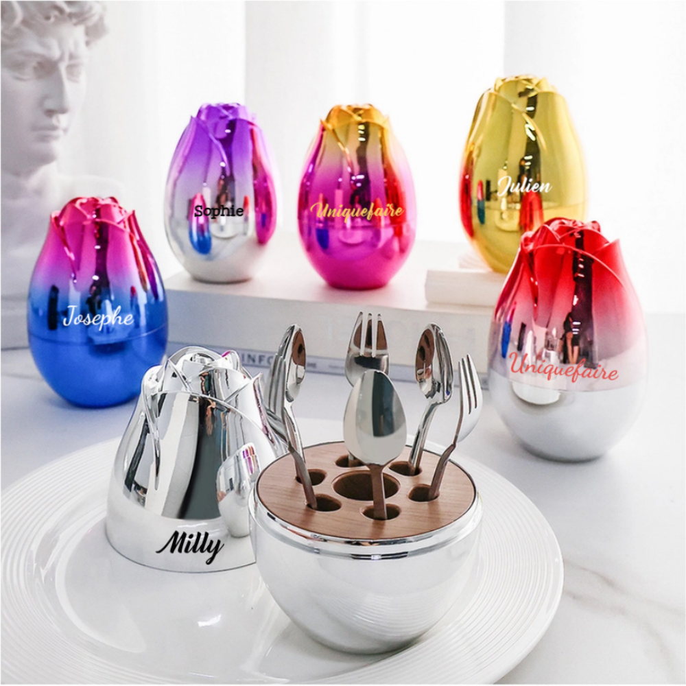 Ensemble de Couverts 6 Pièces en Acier Inoxydable avec Boîte en Forme d'Œuf de Rose
