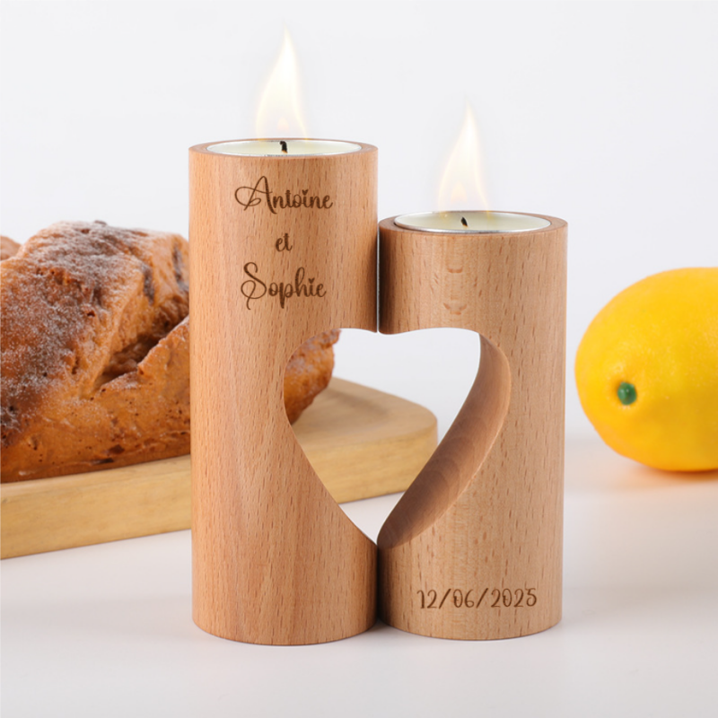 Chandelier Bougeoir en Bois Personnalisé - Porte Bougie avec Coeur Mignon