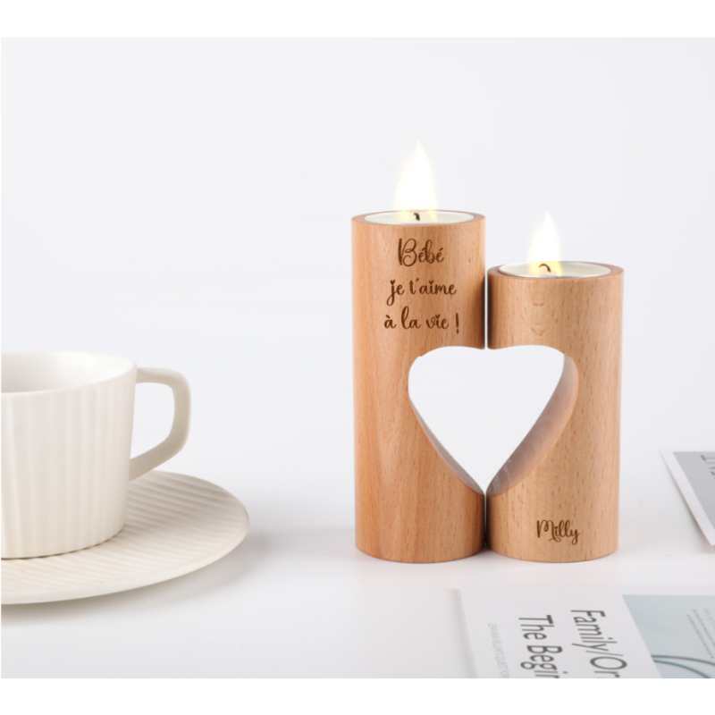 Chandelier Bougeoir en Bois Personnalisé - Porte Bougie avec Coeur Mignon