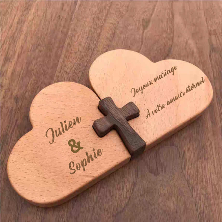 Ornement en Bois de Table Double Cœur Sculpté Cadeau Personnalisé pour Saint-Valentin et Mariages