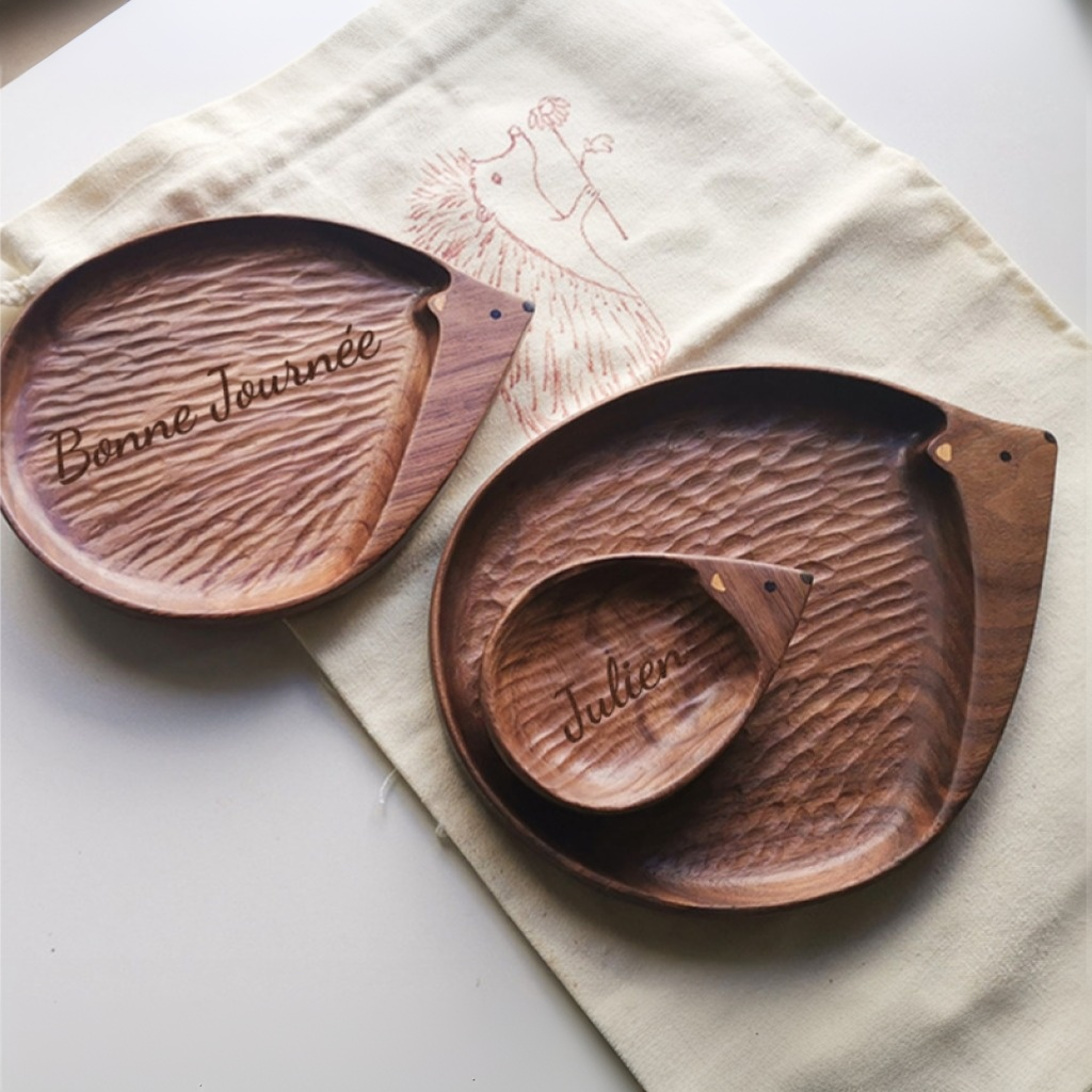 Assiette en Bois de Noyer Forme de Hérisson Décor pour Maison