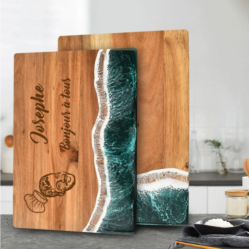 Planche à Découper en Résine et Bois avec Design de Vague de Mer