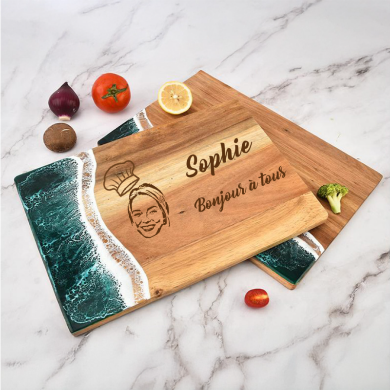 Planche à Découper en Résine et Bois avec Design de Vague de Mer