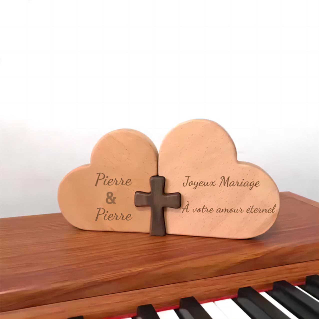 Ornement en Bois de Table Double Cœur Sculpté Cadeau Personnalisé pour Saint-Valentin et Mariages