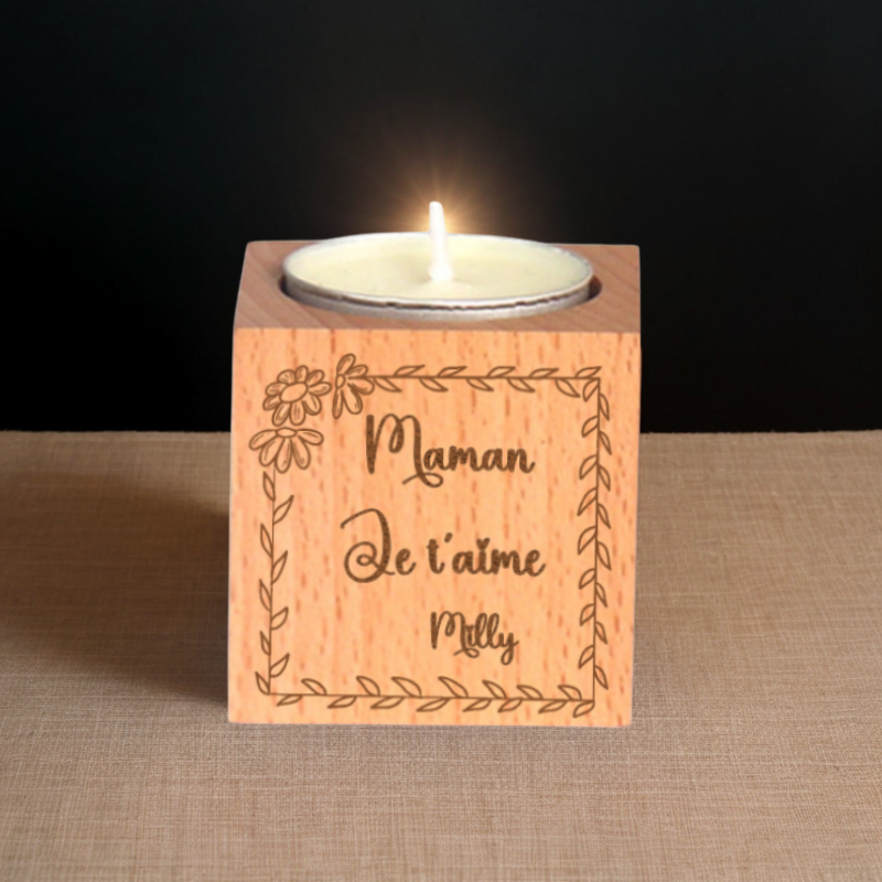 Porte-bougie Bougeoir Cube en Noyer Hêtre Personnalisé avec Nom