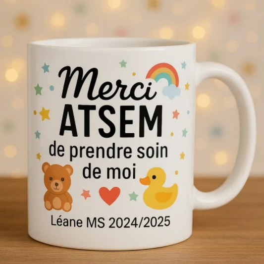 Mug personnalisé Merci ATSEM – Cadeau de fin d’année scolaire avec prénom et année