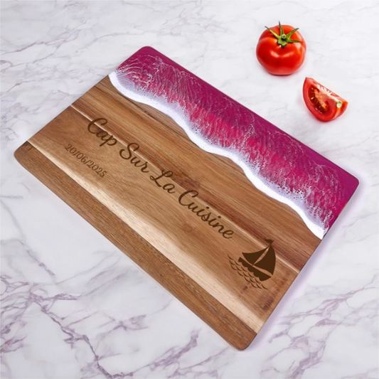 Planche à Découper Personnalisble en Résine et Bois avec Design de Vague de Mer