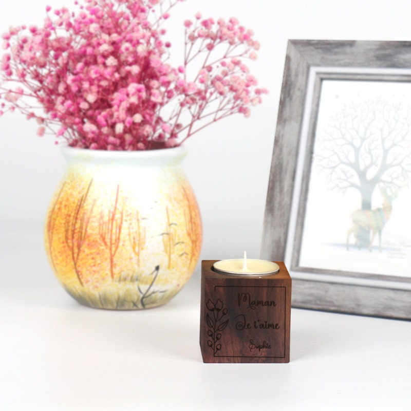 Porte-bougie Bougeoir Cube en Noyer Hêtre Personnalisé avec Nom