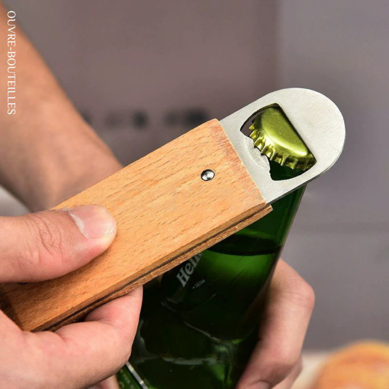 Ouvre-Bouteilles en Acier Inoxydable Manche Plat en Bois
