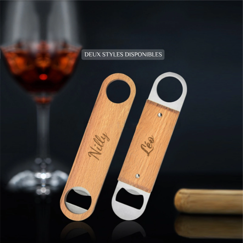 Ouvre-Bouteilles en Acier Inoxydable Manche Plat en Bois