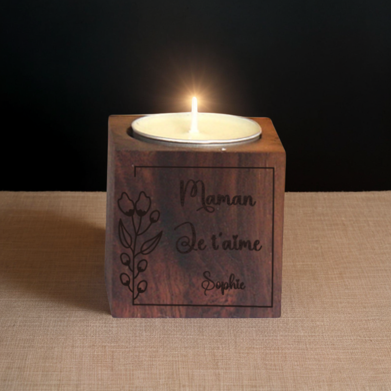 Porte-bougie Bougeoir Cube en Noyer Hêtre Personnalisé avec Nom