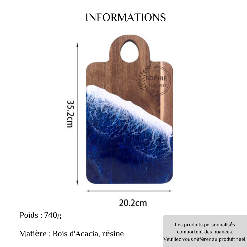 Planche à Découper en Bois avec Design de Vague de Mer Cadeau Personnalisable