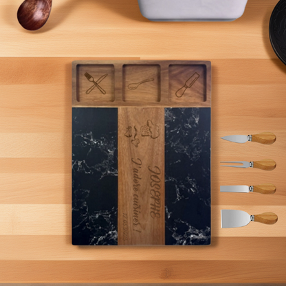Planche à Découper en Marbre et Bois avec Ensemble de Couteaux à Fromage