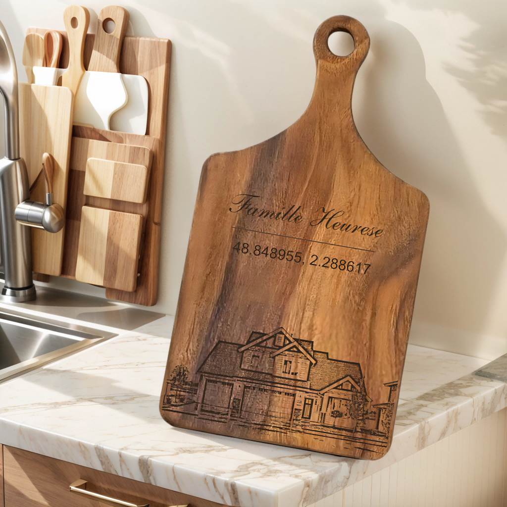 Planche à découper personnalisée et gravée en noyer Cadeau de crémaillère pour famille