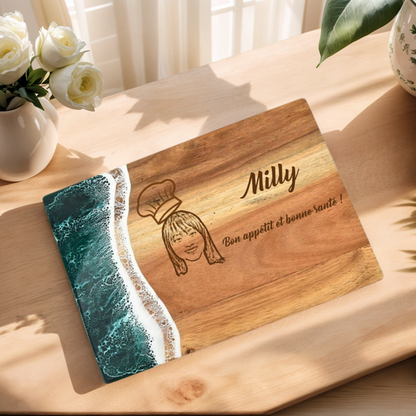 Planche à Découper en Résine et Bois avec Design de Vague de Mer