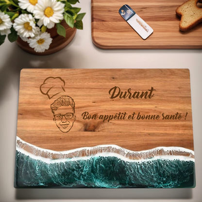 Planche à Découper en Résine et Bois avec Design de Vague de Mer