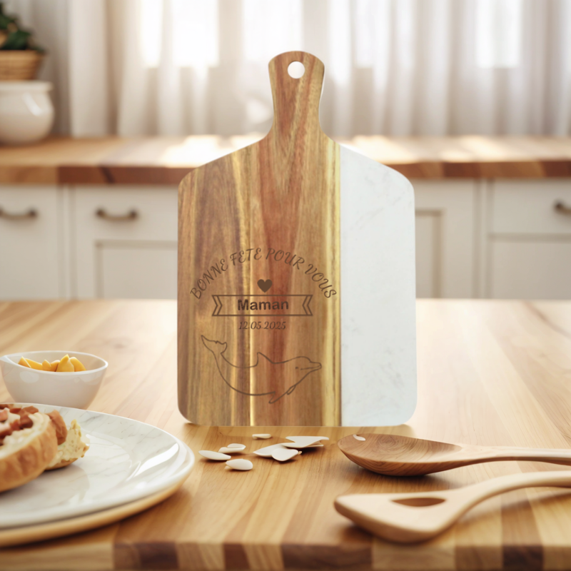 Planche à Découper en Bois et Marbre Rond et Carré avec Gravure Personnalisée