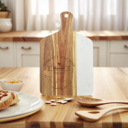 Planche à Découper en Bois et Marbre Rond et Carré avec Gravure Personnalisée