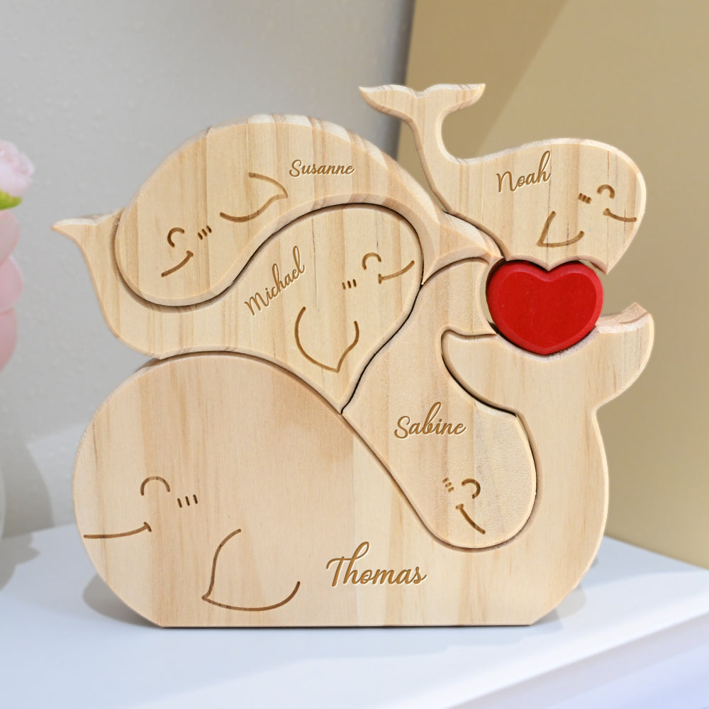 Pièces de Puzzle Familiales de Baleines en Bois Personnalisées 2 à 5 Baleines au Choix