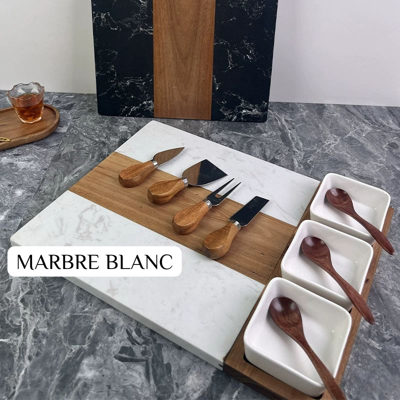 Planche à Découper en Marbre et Bois avec Ensemble de Couteaux à Fromage