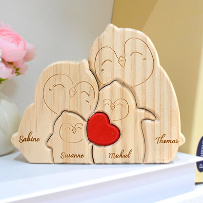Puzzle Familial Pingouin en Bois Personnalisable de 2 à 5 Noms Cadeau pour Famille