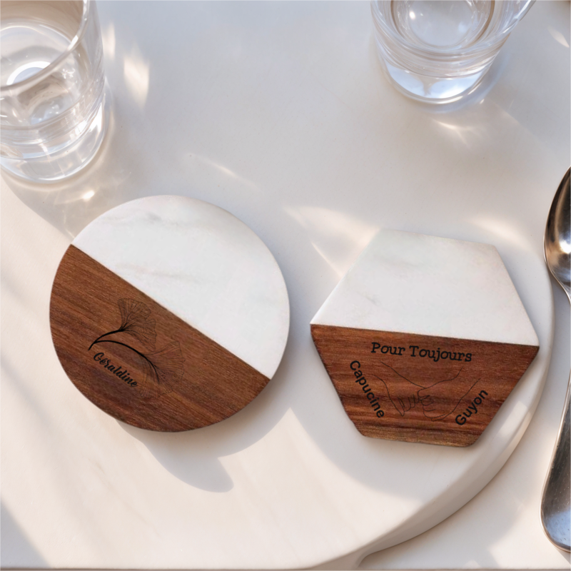 Sous-verre Personnalisable en Marbre et Bois Cadeau pour Crémaillère ou Mariage